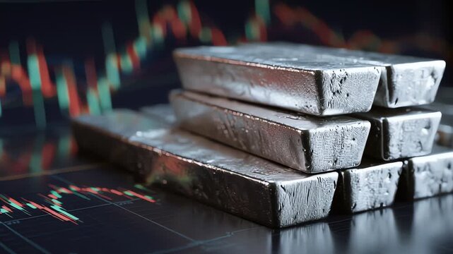 Silver or Aluminum Bars Stacked on a Financial Stock Market Chart