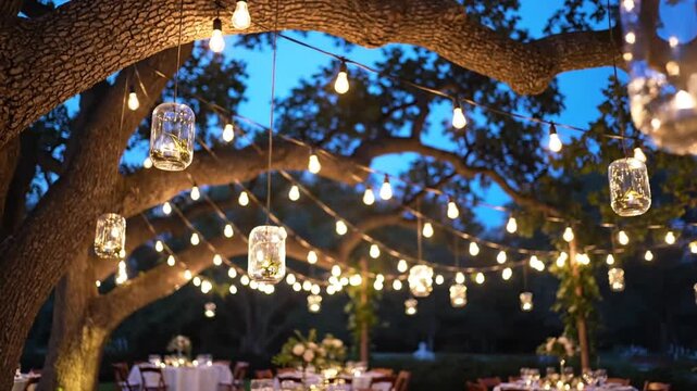 A beautifully decorated outdoor wedding reception under a large oak tree, illuminated by hanging lights and lanterns, with tables set for guests and a serene garden backdrop