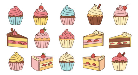 Collection of different cupcakes and cake slices