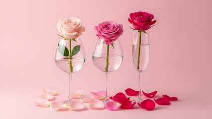 Three roses in wine glasses
