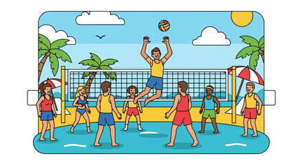 Friends playing volleyball in a tropical beach setting