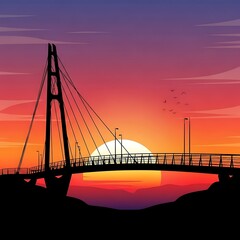 Obraz premium Sunset over a suspension bridge landscape.