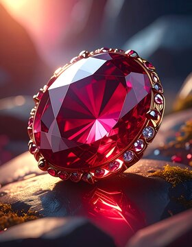 Large, faceted red jewel set in gold, resting on a rocky surface with sunlight cascading from above. Intricate details