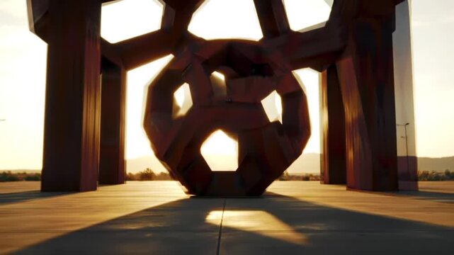 Geometric metal sculpture stands under structure at sunset.