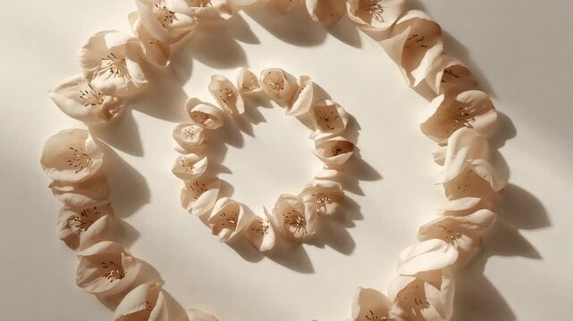 Zooming camera nearing cream mat, showing petal rings, stamens, diagonal bands, focusing outer ring