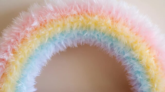 Zooming camera bringing pastel rainbow arch closer in studio, highlighting feathered trim