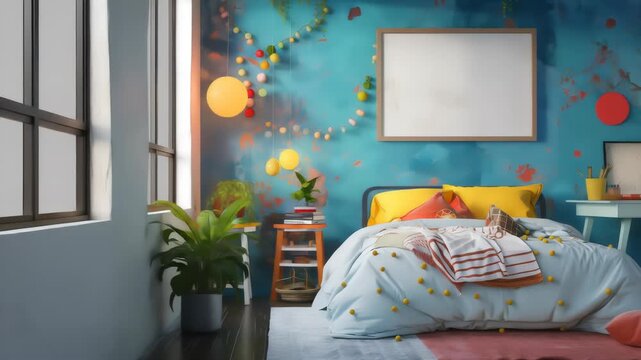 A cozy bedroom space featuring a bed with colorful bedding, surrounded by walls with abstract blue and red paint splatters, illuminated by warm sunlight.