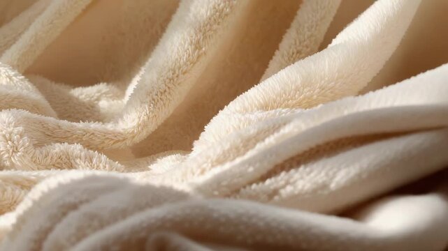 Shifting beige plush blanket revealing folds moving on bed, triggered by gentle breeze from window