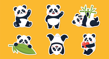 Fototapeta premium Modern vector sticker collection featuring a cute panda in multiple expressive designs and charming styles, ideal for digital messaging, planners, journaling, and creative projects