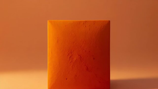 Zooming camera toward single orange square block on warm-orange studio stage, revealing dents