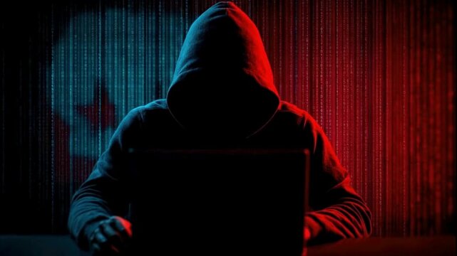 Hooded Figure Typing on Laptop Under Red-and-Blue Cyberlight &ndash; Cyber Threat Actor, Dark Web Activity & Digital Anonymity Concept
