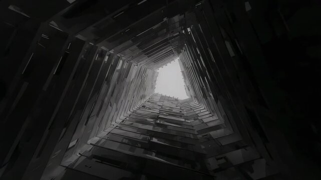 Tilting camera revealing vertical wooden shaft and stacked planks rising to pentagonal bright sky