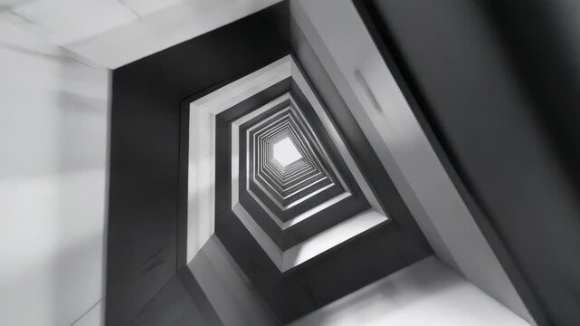 Starting at skylight, rotating camera showing polygonal concrete shaft in atrium drawing eye up