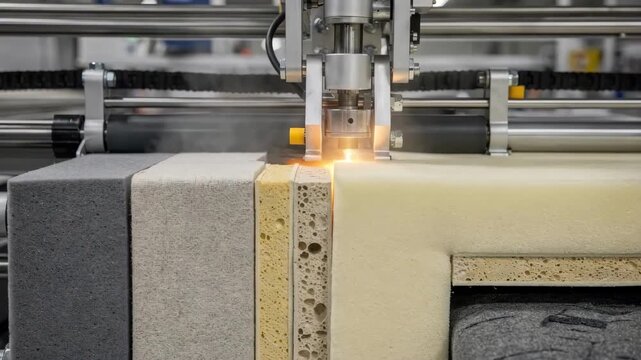 Medium shot of automotive foam and laminated composite panels being bonded highlighting precision machinery and layered materials for vehicle interior durability and comfort.