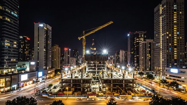 A bustling city skyline at night featuring an active construction site illuminated by bright lights, surrounded by towering skyscrapers and busy streets in the background