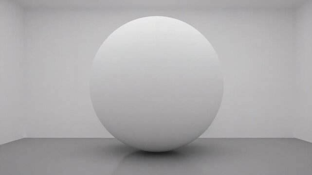Playback starting large matte white sphere rising slowly in compact studio, showing shadow growth