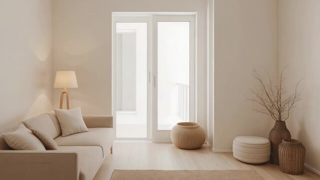 Showing beige sofa left, camera approaching sliding door while lamp glowing, copy space