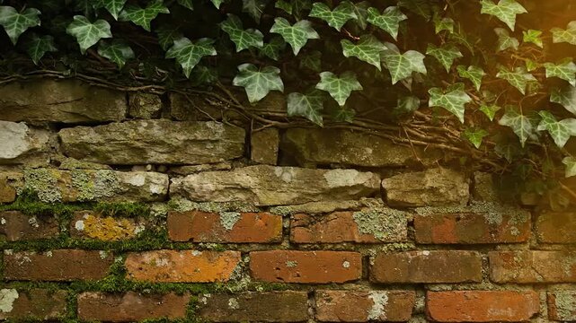 Old stone wall with ivy, brickwork with moss, natural textures