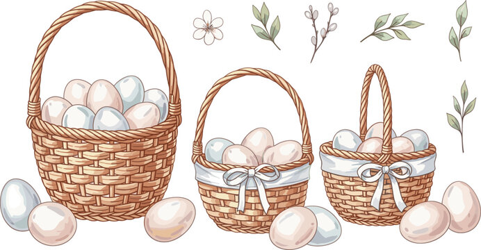 Watercolor Easter basket vector set with pastel eggs and ribbons for spring holiday celebration and greeting card design