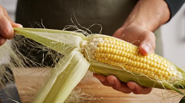 Hands peeling back corn husk to reveal yellow corn on wooden surface