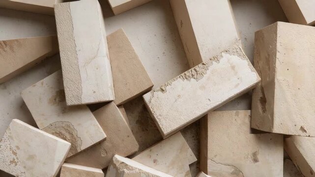 Panning camera revealing dense pile of beige blocks in shallow tray on table, showing taller faces