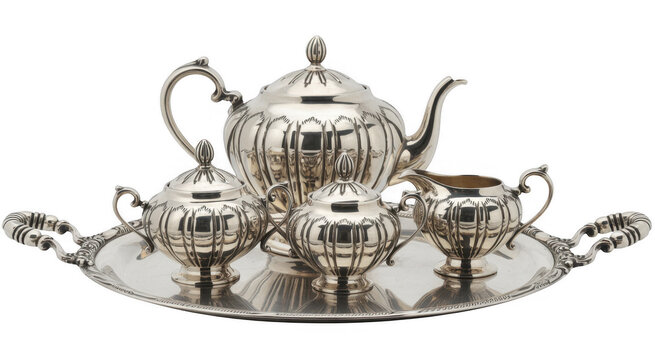 Silver tea set on a serving tray tea tray silverware isolated on a transparent background