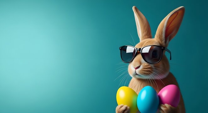 Easter sunday celebration with a cool bunny holding colorful eggs