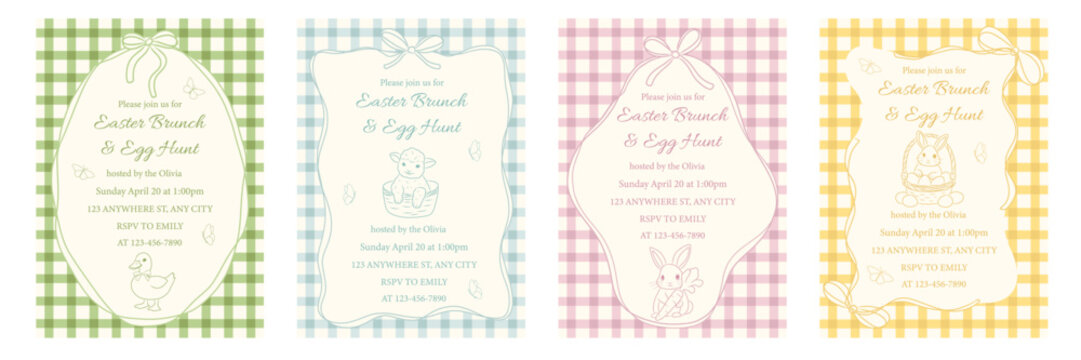 Easter hand drawn vintage invitation card set with gingham background, bunny, lamb and duck, ribbon bows, frames. Spring brunch and egg hunt party design