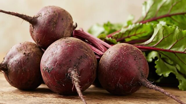 Fresh beets with green leaves on a wooden table viewed from a slight angle