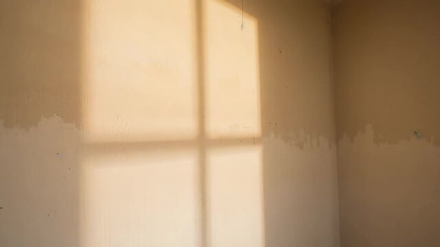 Shifting sunlight sliding four-pane window shadow across painted wall, showing scuff marks