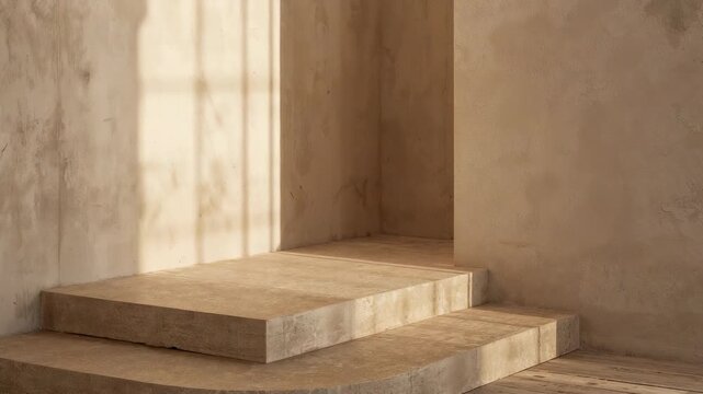 Shifting sun patch sliding across tiered plinth in gallery, window casting grid shadows over niche