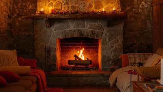 Flickering stone fireplace with lit logs shifting, mantel candles glowing at home, casting warmth