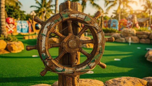 Vibrant piratethemed minigolf obstacle with a detailed weathered ship wheel in sharp focus against a blurred tropical putting green backdrop.