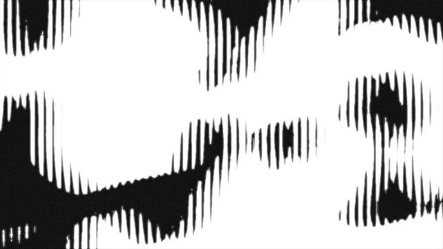 An abstract black and white graphic featuring a textured pattern of vertical lines creating a sense of depth and movement