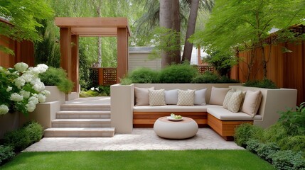 Fototapeta premium A tranquil garden showcases modern seating surrounded by vibrant plants and trees. Sunlight filters through leaves, creating a peaceful atmosphere inviting relaxation and enjoyment