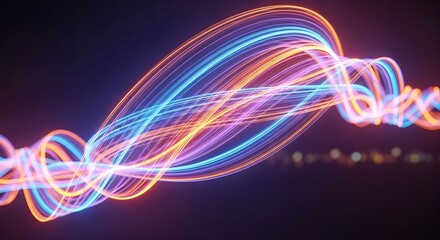 Vibrant ribbons of blue, purple, and orange light swirl and dance in a fluid, energetic display against a dark, atmospheric backdrop.