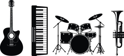 music instruments silhouette guitar piano keyboard drum trumpet orchestra band illustration vector isolated black © Maisa