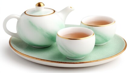 Fototapeta premium Elegant tea set featuring a teapot and two cups on a decorative plate, showcasing a soothing green and white marble design.