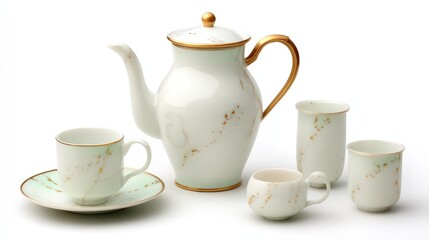 Fototapeta premium Elegant porcelain tea set featuring a teapot and matching cups with delicate gold accents, perfect for tea time gatherings.