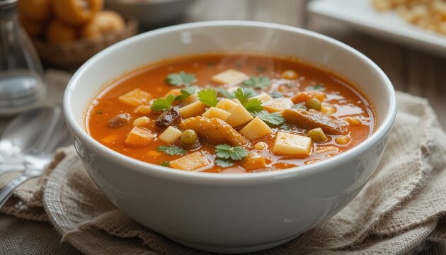 Delicious bowl of seafood chowder soup with herbs on top served on table