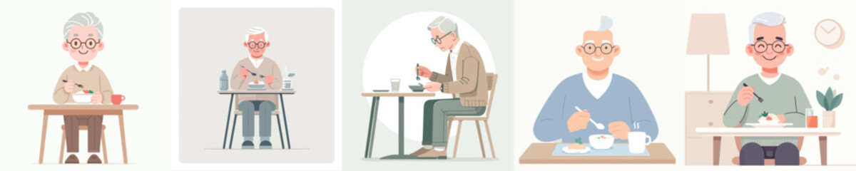 Fototapeta premium Grandma is eating in simple and minimalist flat design vector style