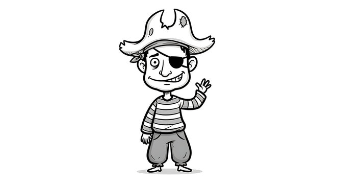 Cheerful pirate cartoon character waving with pirate hat and eyepatch standing alone on a white background illustration
