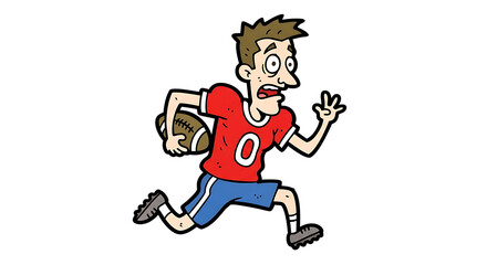 Man running with rugby ball on sports field viewed from the side