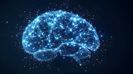 Digital representation of a human brain composed of glowing interconnected nodes and lines
