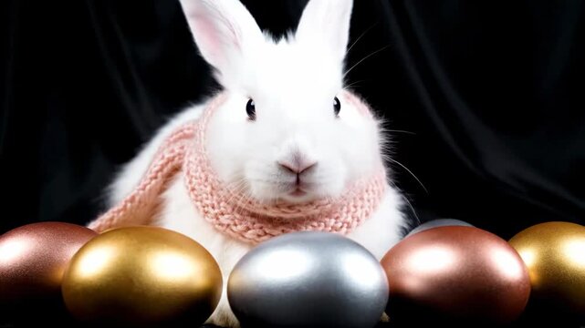 Easter egg hunt with white rabbit