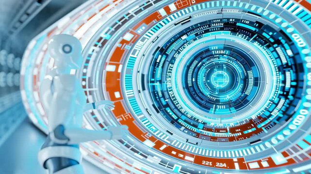 A futuristic digital interface featuring concentric circular patterns and vibrant blue accents.