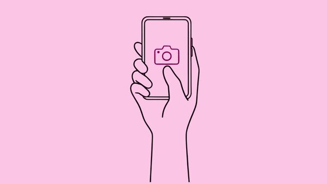 Hand Taking Photo with Phone Screen with Camera Icon Line Art Vector Animation Outline Illustration