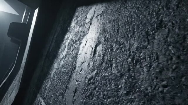 Close-up view of a rugged, dark gray and black asphalt road surface with a textured, rough pattern and a blurry car window in the background.