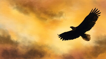 Fototapeta premium Majestic eagle silhouette soars against a vibrant golden sunset sky illustration