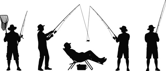 Fishing silhouettes showing anglers casting rods with reclining fisherman chair, outdoor leisure sport activity concept isolated on white background